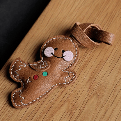 Leather Bag Charm - Gingerbread Man, Christmas Ornament Keychain