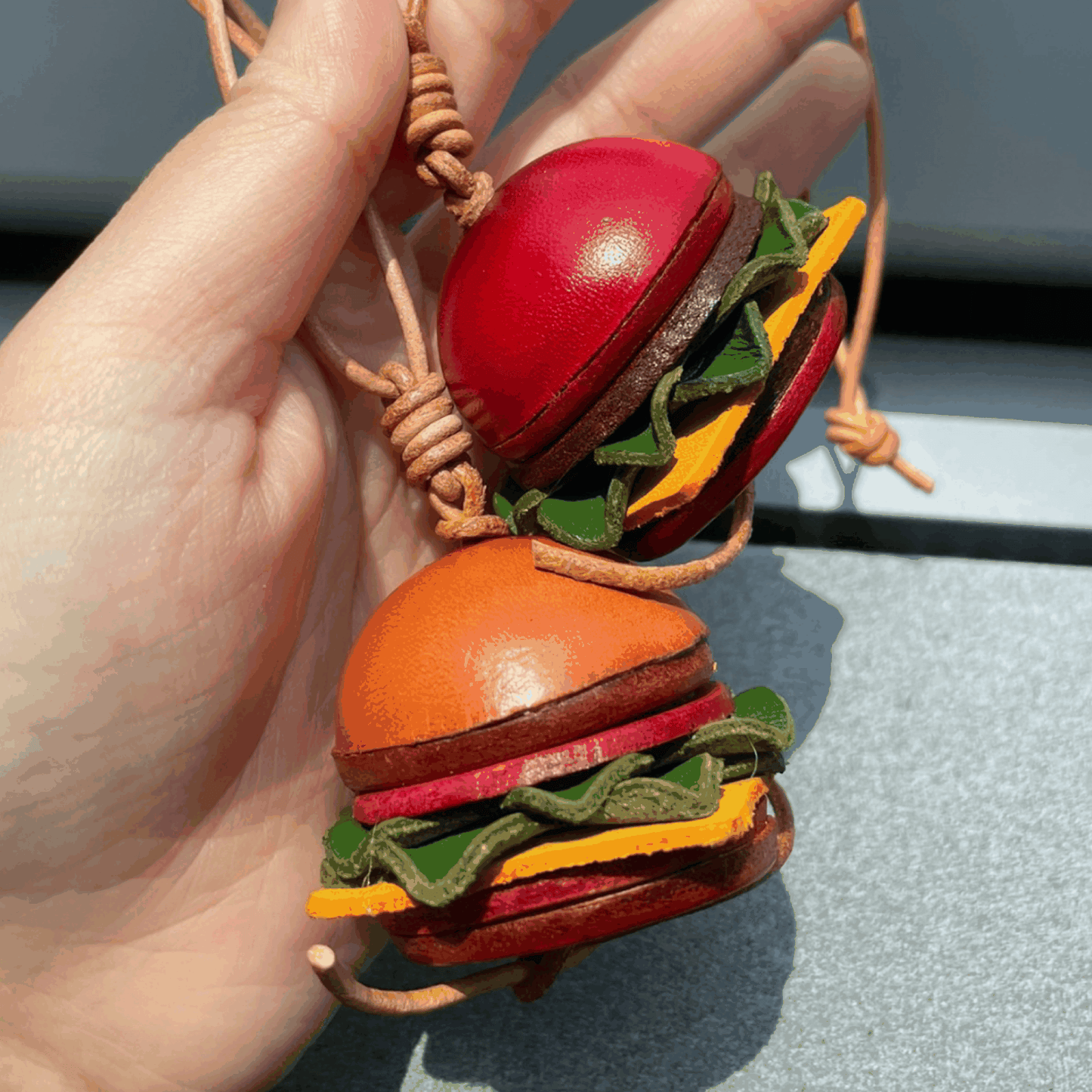 Leather Bag Charm - Handmade Hamburger Charms-Fun Food Keychain