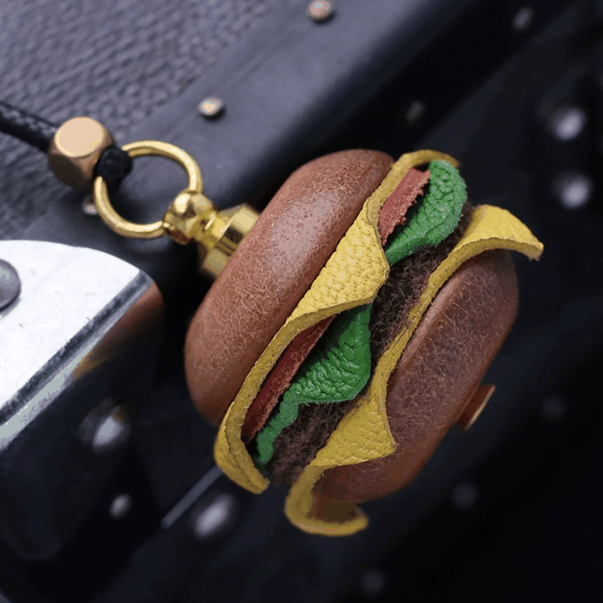 Leather Bag Charm - Unique Hamburger Charms - Fun Food Keychain