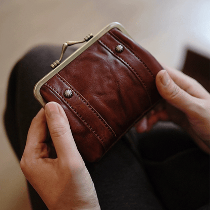 Leather Wallet - Vintage Kiss Lock Wallet, Coin Purse, Clutch Wallet