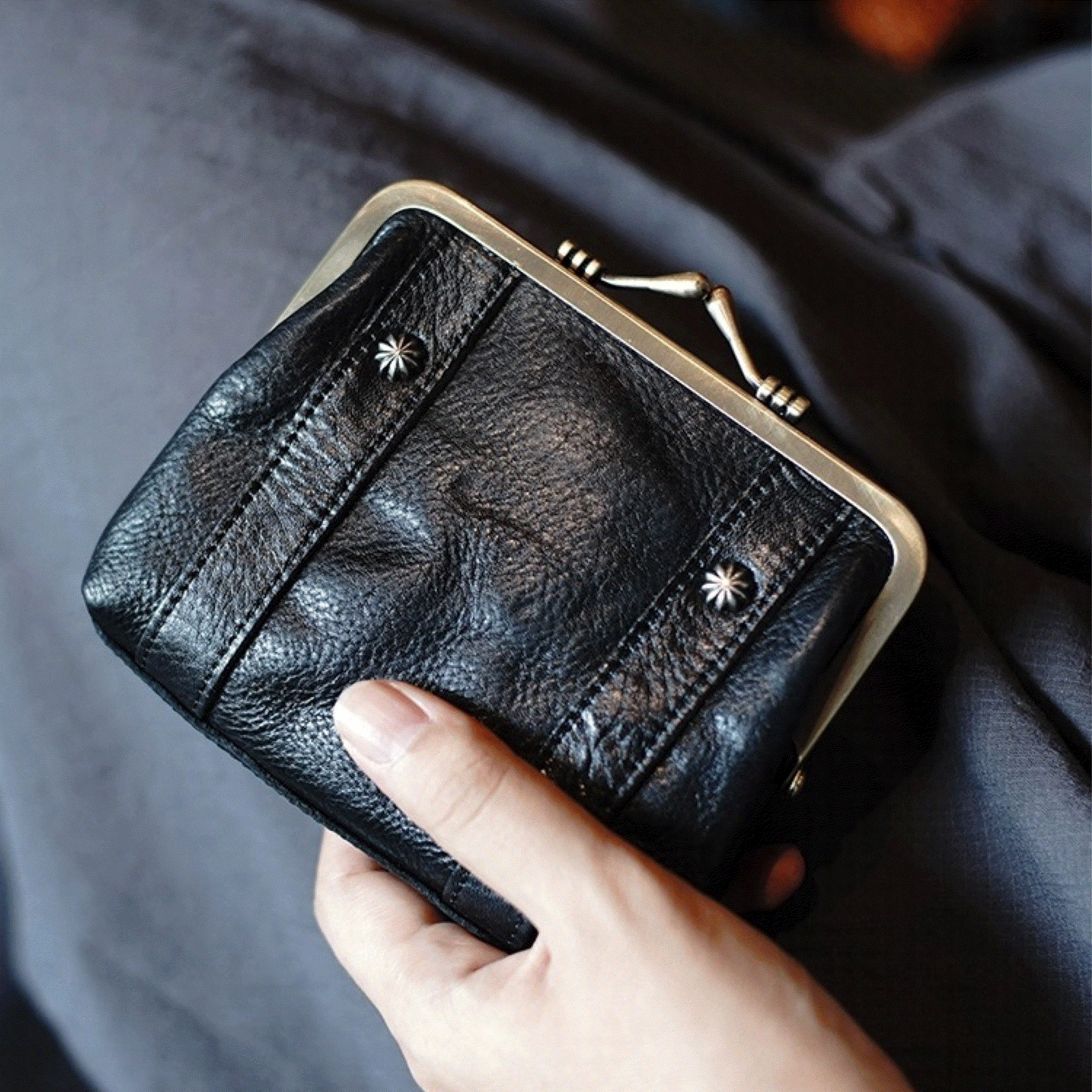 Leather Wallet - Vintage Kiss Lock Wallet, Coin Purse, Clutch Wallet