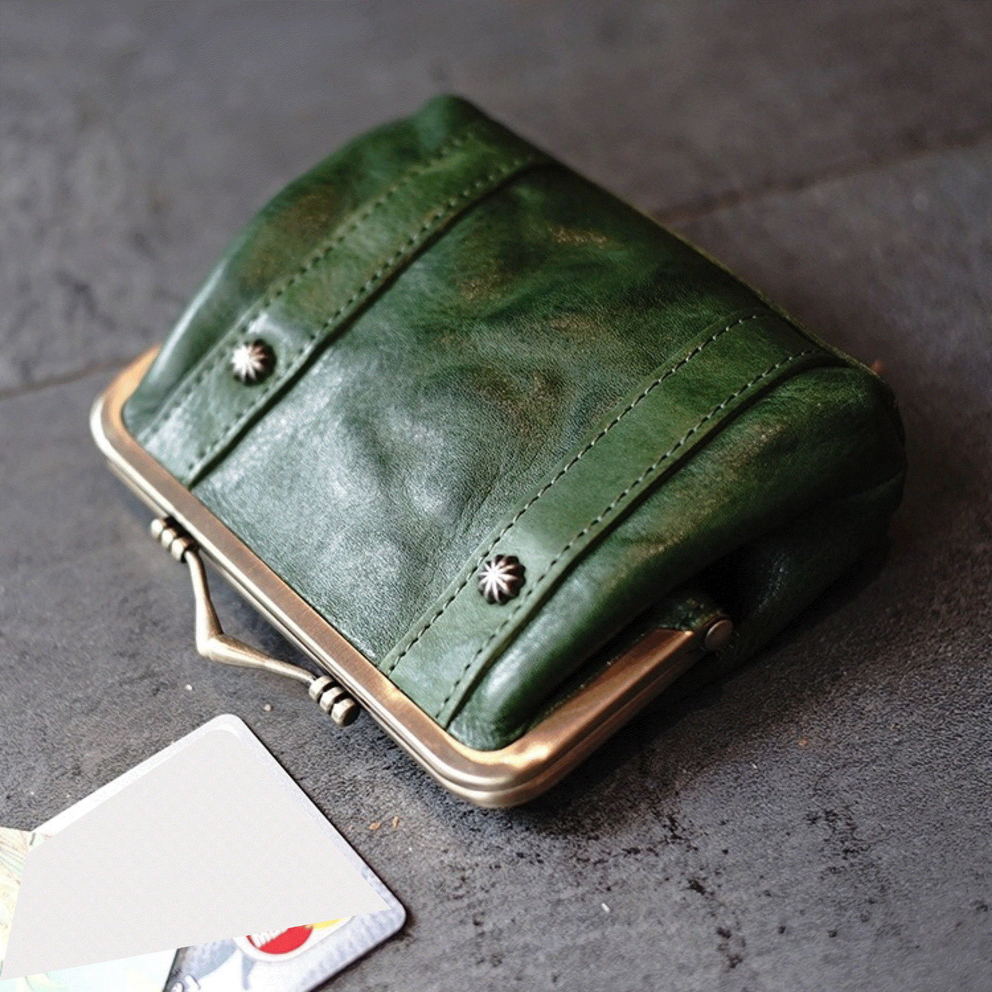 Leather Wallet - Vintage Kiss Lock Wallet, Coin Purse, Clutch Wallet