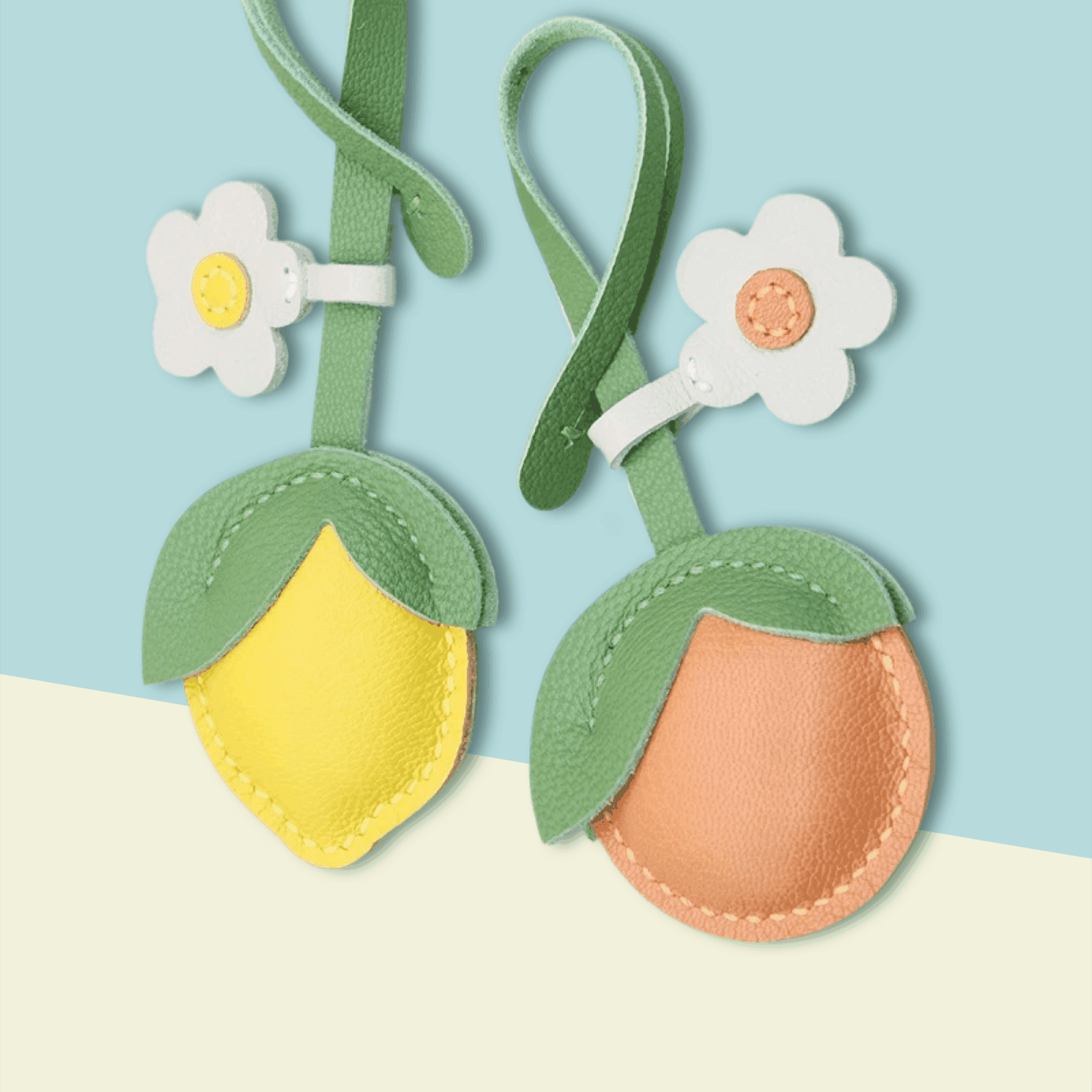 Leather Bag Charm - Fruit Citrus & Lemon Keychain with Flower Accent