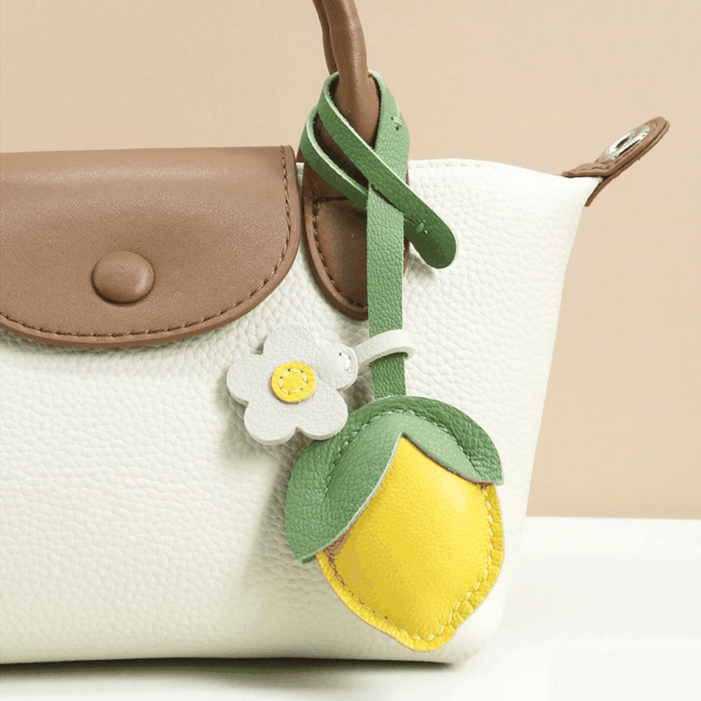 Leather Bag Charm - Fruit Citrus & Lemon Keychain with Flower Accent