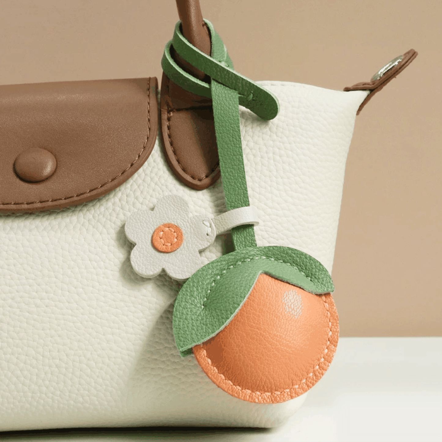 Leather Bag Charm - Fruit Citrus & Lemon Keychain with Flower Accent