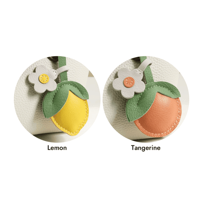 Leather Bag Charm - Fruit Citrus & Lemon Keychain with Flower Accent