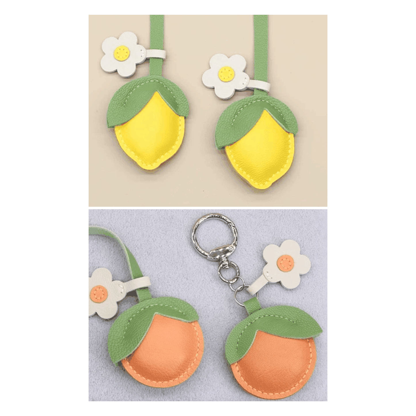 Leather Bag Charm - Fruit Citrus & Lemon Keychain with Flower Accent