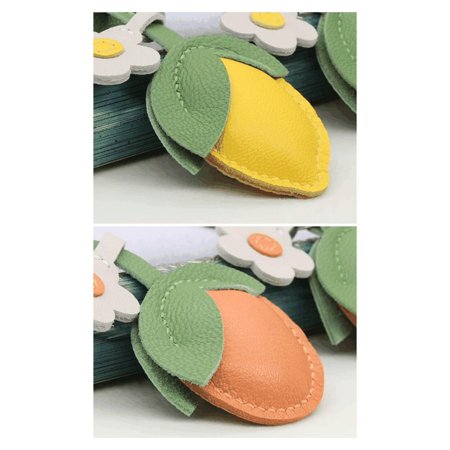 Leather Bag Charm - Fruit Citrus & Lemon Keychain with Flower Accent