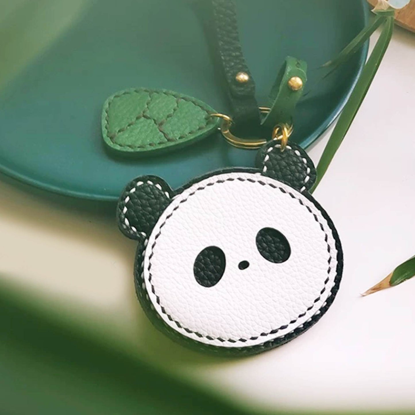 Leather Bag Charm - Panda with Bamboo - Cute Panda keychain