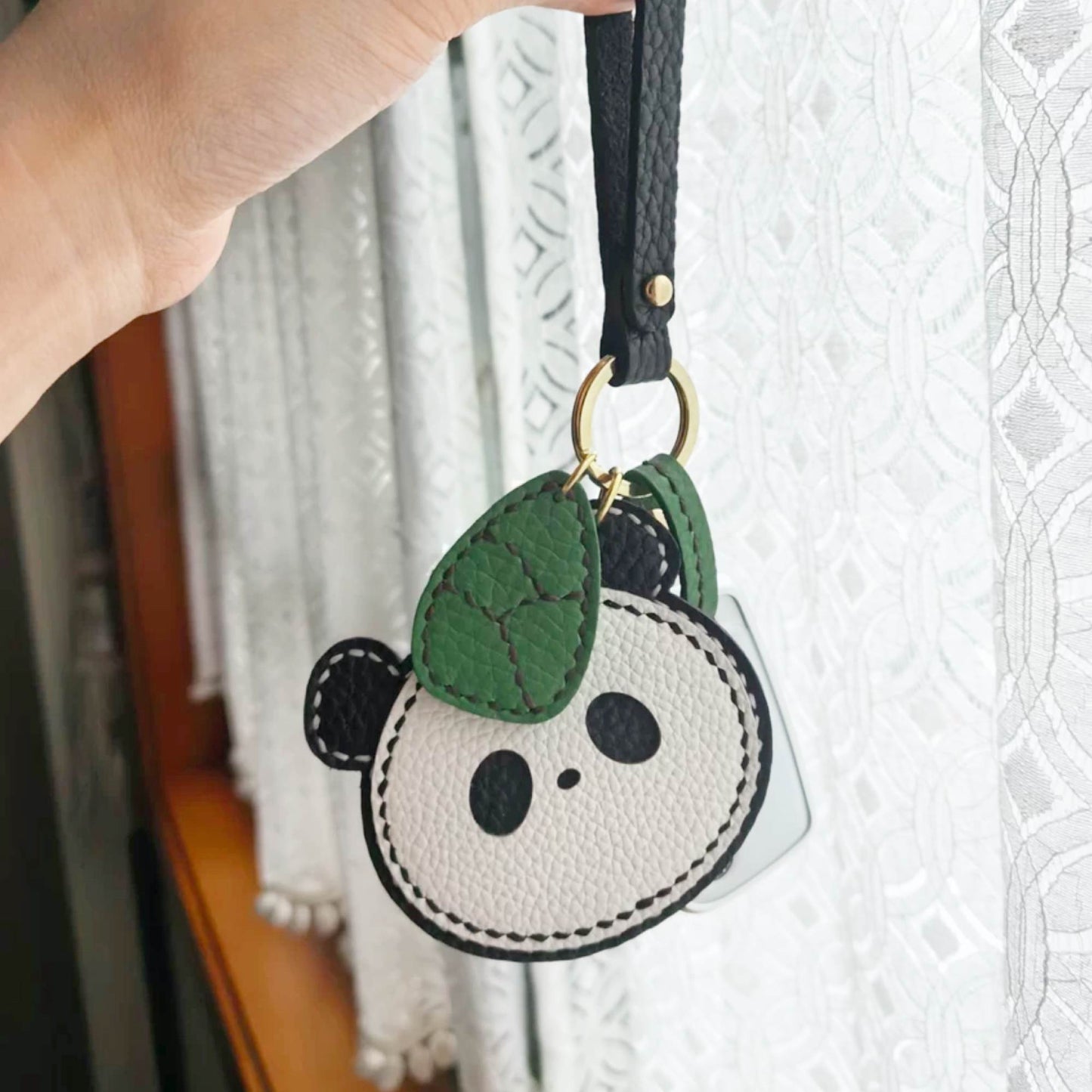 Leather Bag Charm - Panda with Bamboo - Cute Panda keychain