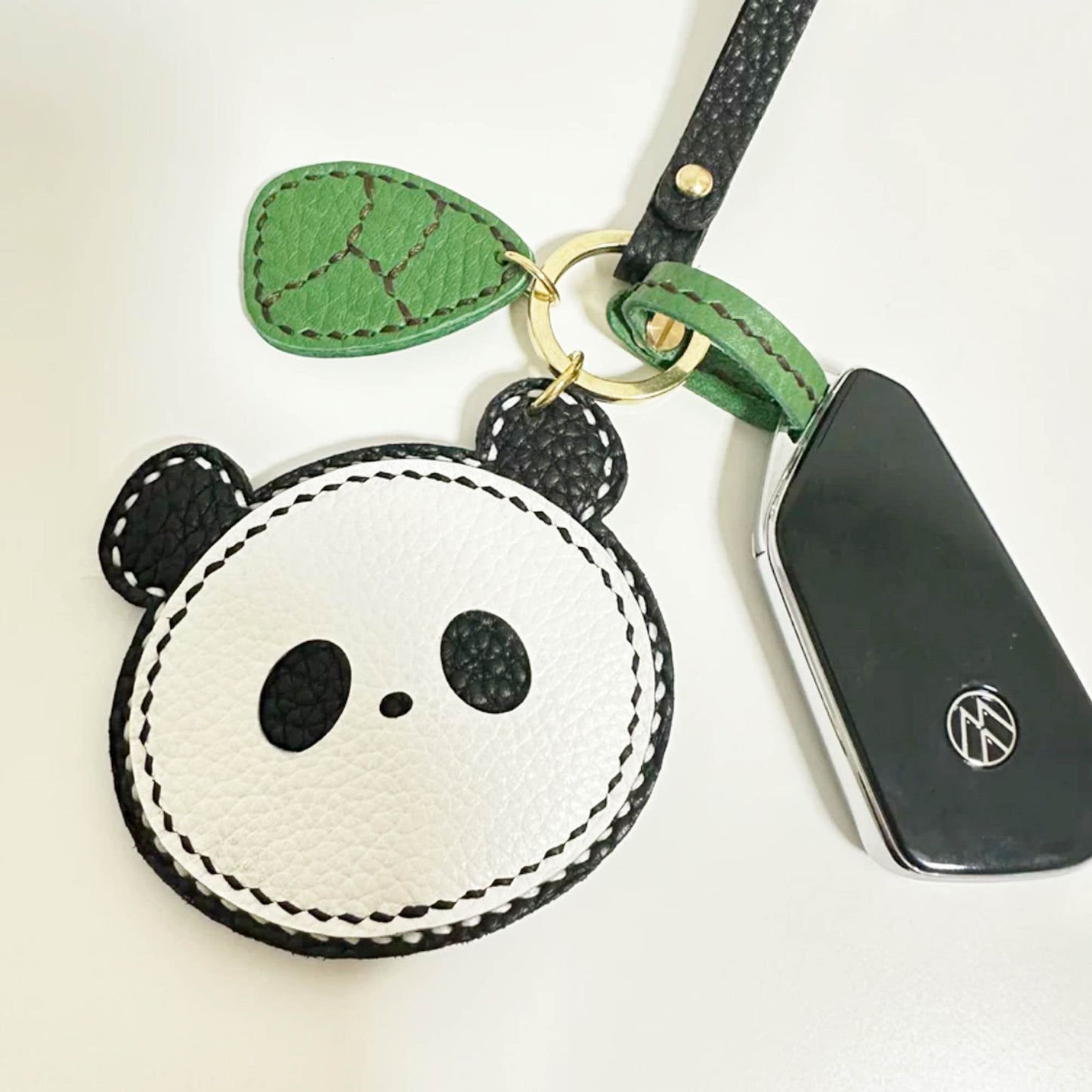 Leather Bag Charm - Panda with Bamboo - Cute Panda keychain