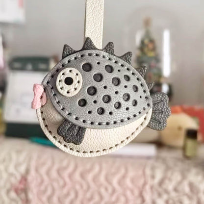 Leather Bag Charm - Customized Fish Bag Charm, Blowfish Keychain