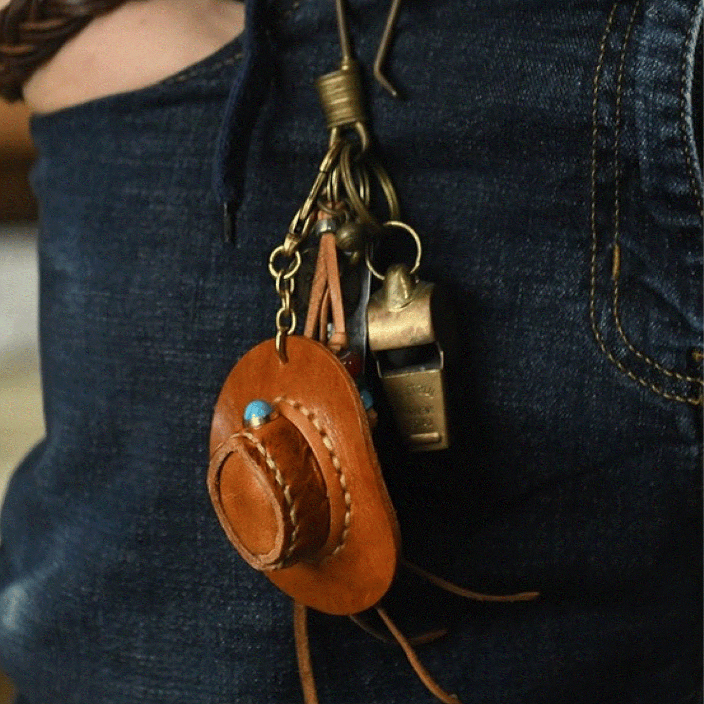 Leather Keychain - Cowboy Hat Bag Charm, 3D Keychain, Cowboy Pendant