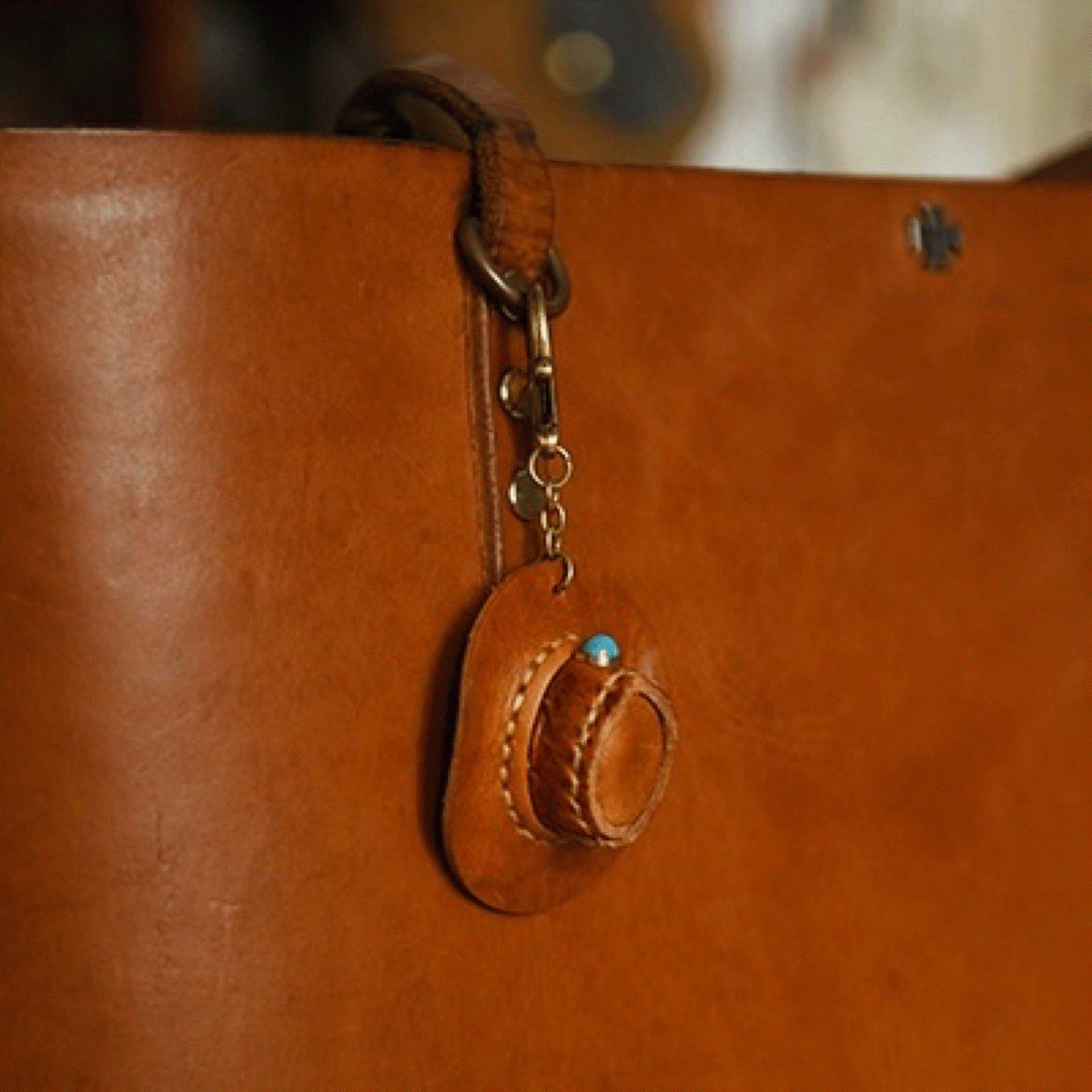 Leather Keychain - Cowboy Hat Bag Charm, 3D Keychain, Cowboy Pendant