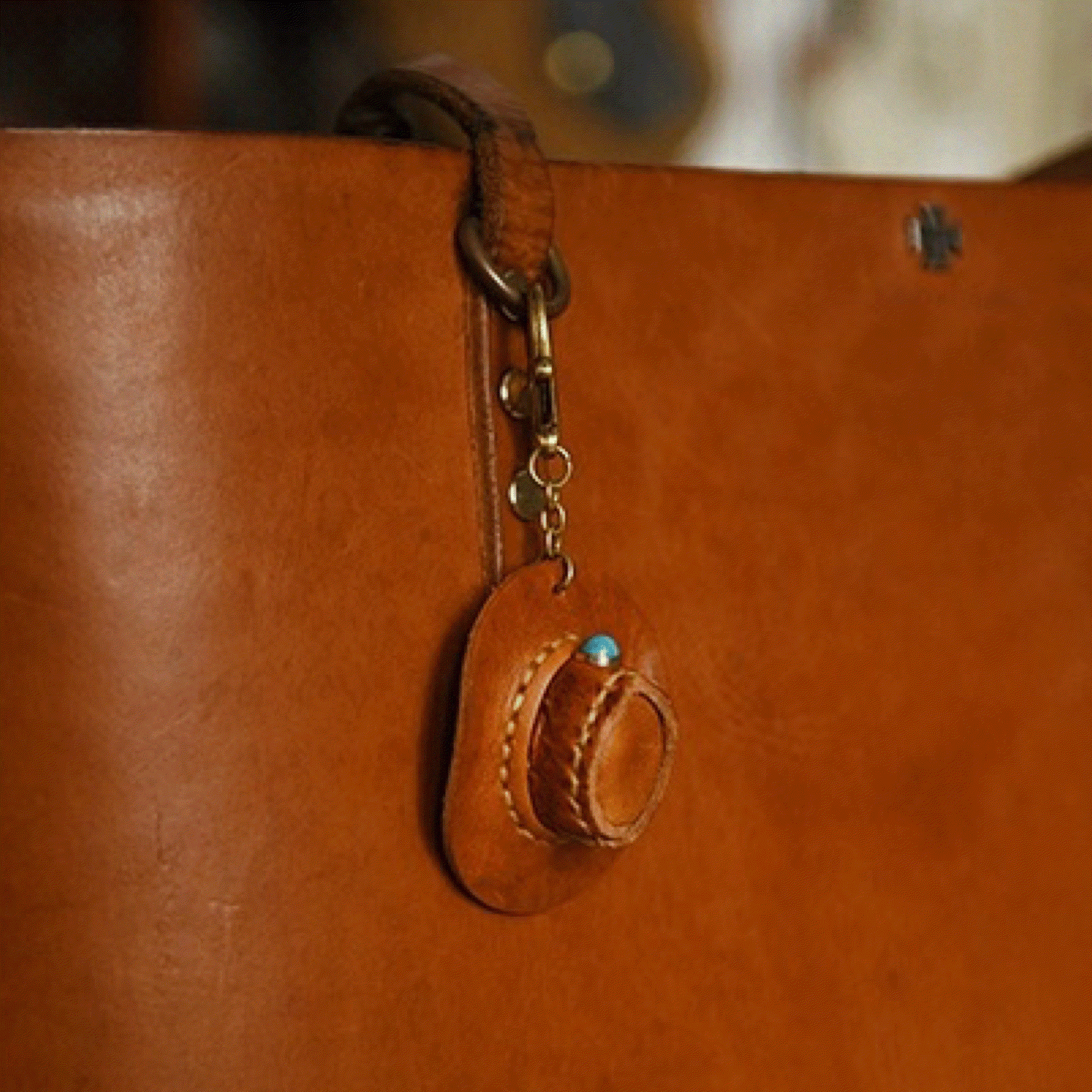 Leather Keychain - Cowboy Hat Bag Charm, 3D Keychain, Cowboy Pendant