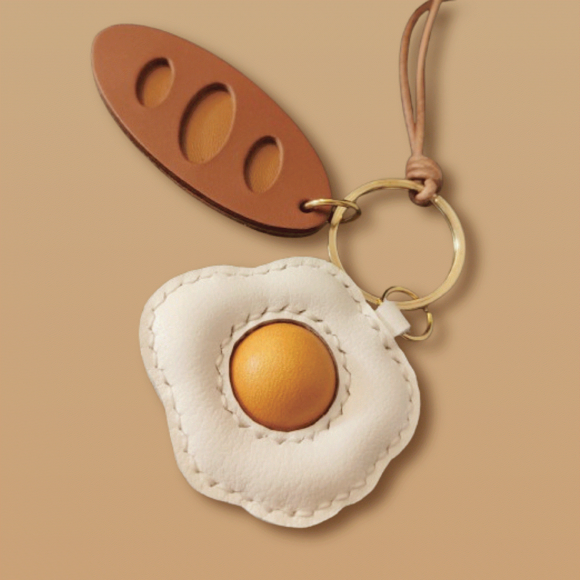 Leather Bag Charm - Fried Egg Keychain Baguette Pendant Fun Food Charm