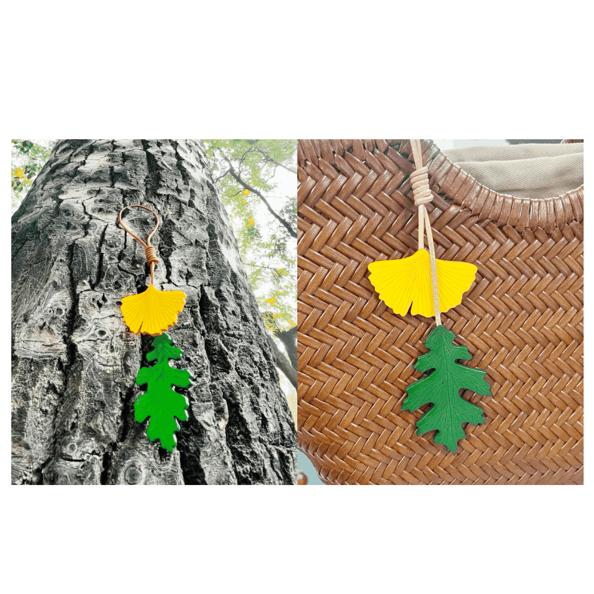 Leather Bag Charm - Inspired by Nature - Ginkgo, Red Maple, Oak Leaves