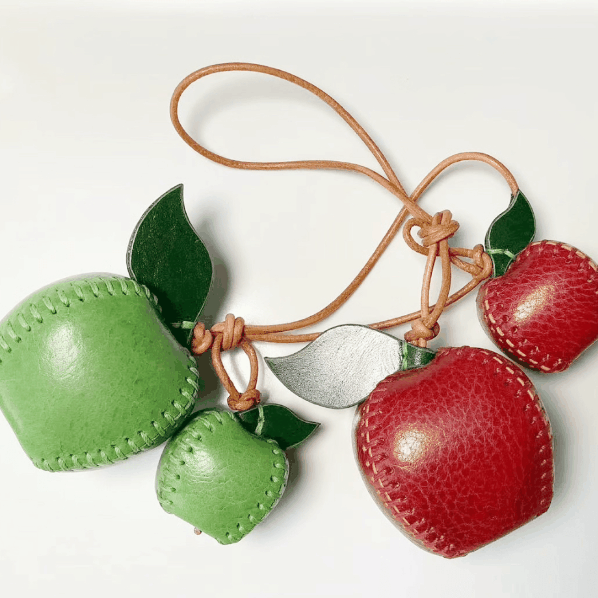 Red and Green Apples - Leather Bag Charm - Christmas Gifts