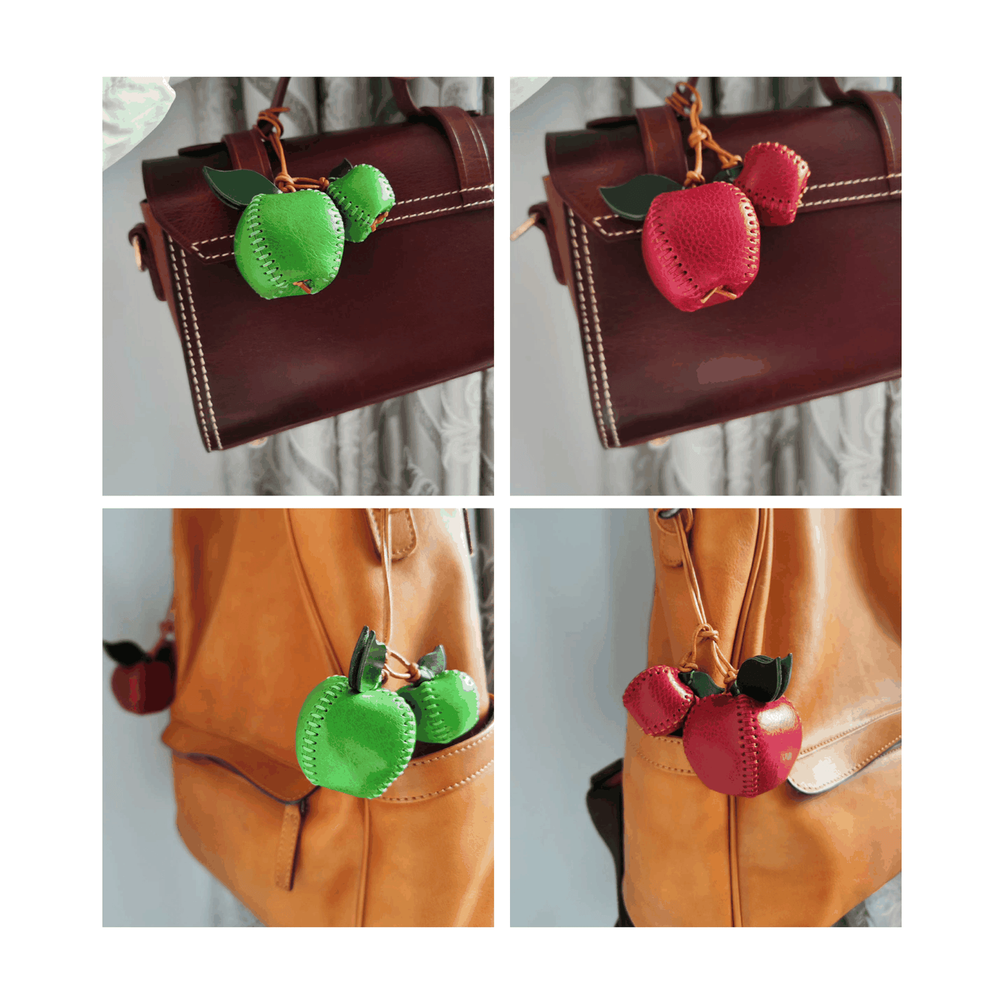 Red and Green Apples - Leather Bag Charm - Christmas Gifts