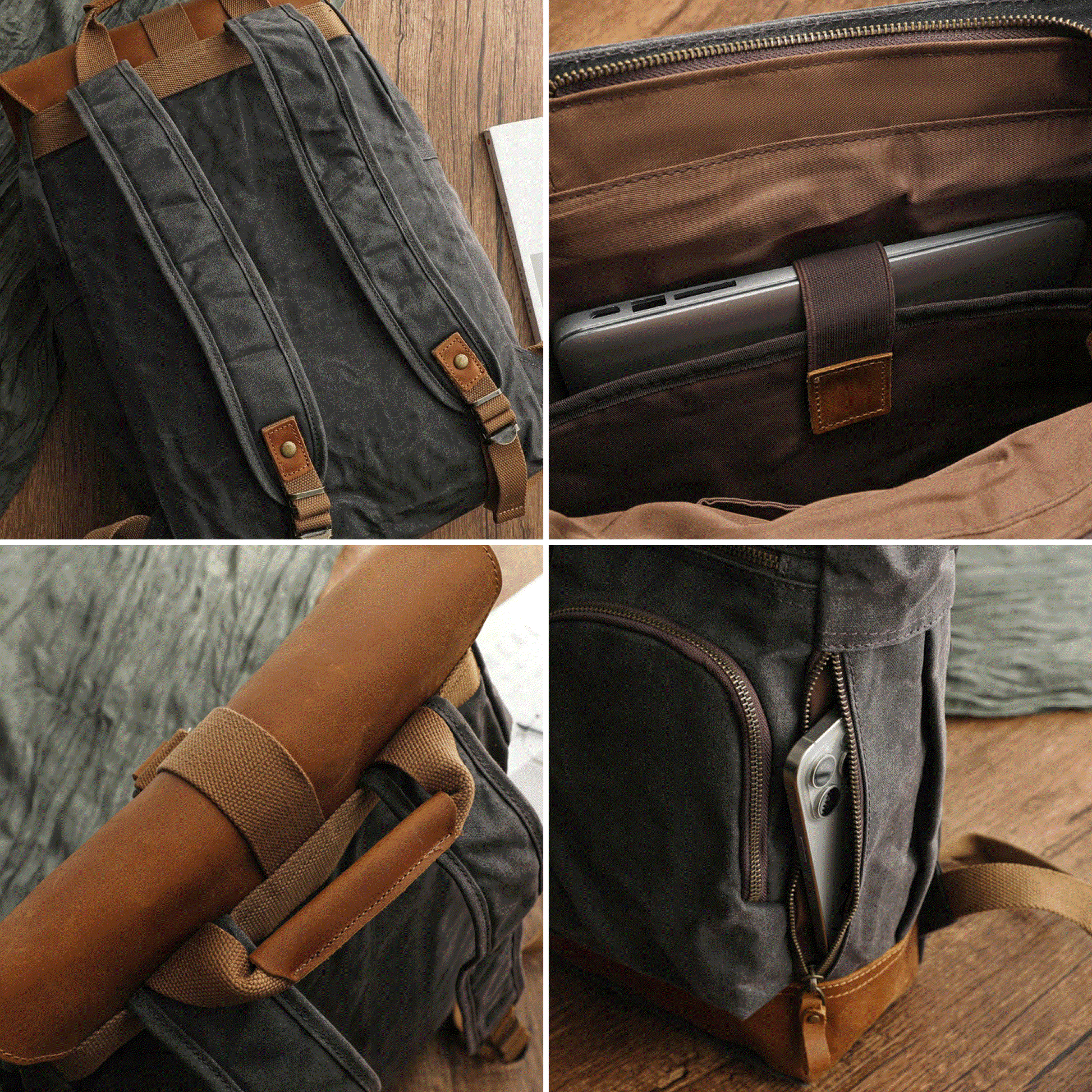 Leather Travel Backpack - Crazy Horse Leather Vintage Canvas Backpack