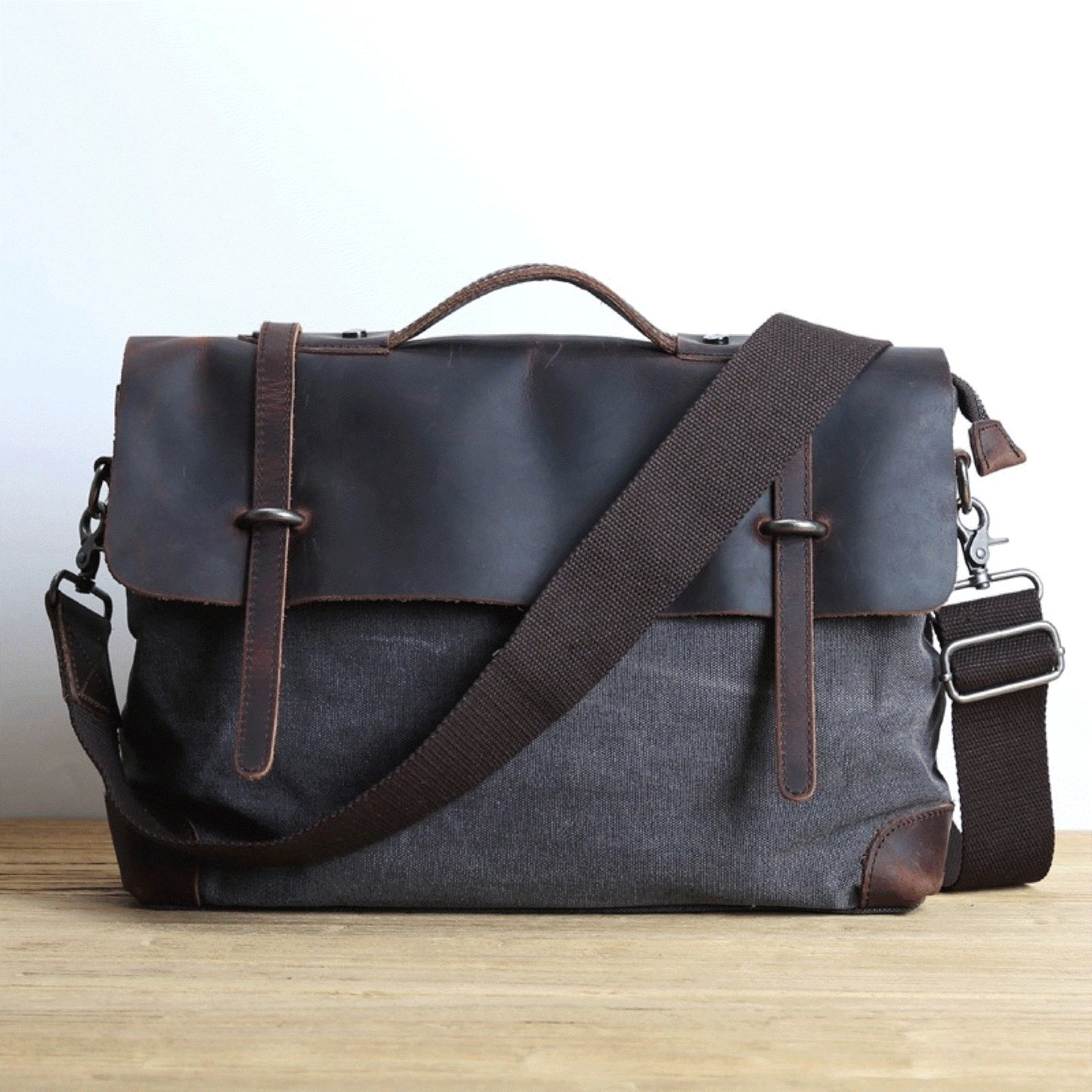 Leather Messenger Bag Crazy Horse Leather Vintage Canvas Crossbody Bag