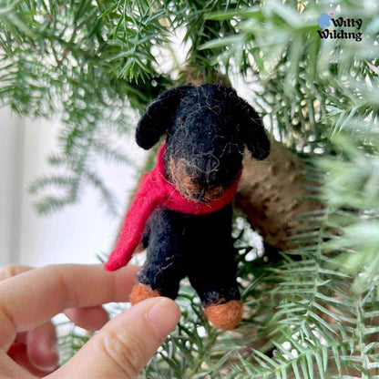 Wool Needle Felting - Black Wiener Dog Bag Charm,Handmade Holiday Gift