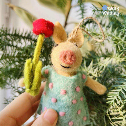 Wool Needle Felting - Handmade Flower Piggy Charm, Christmas Ornament