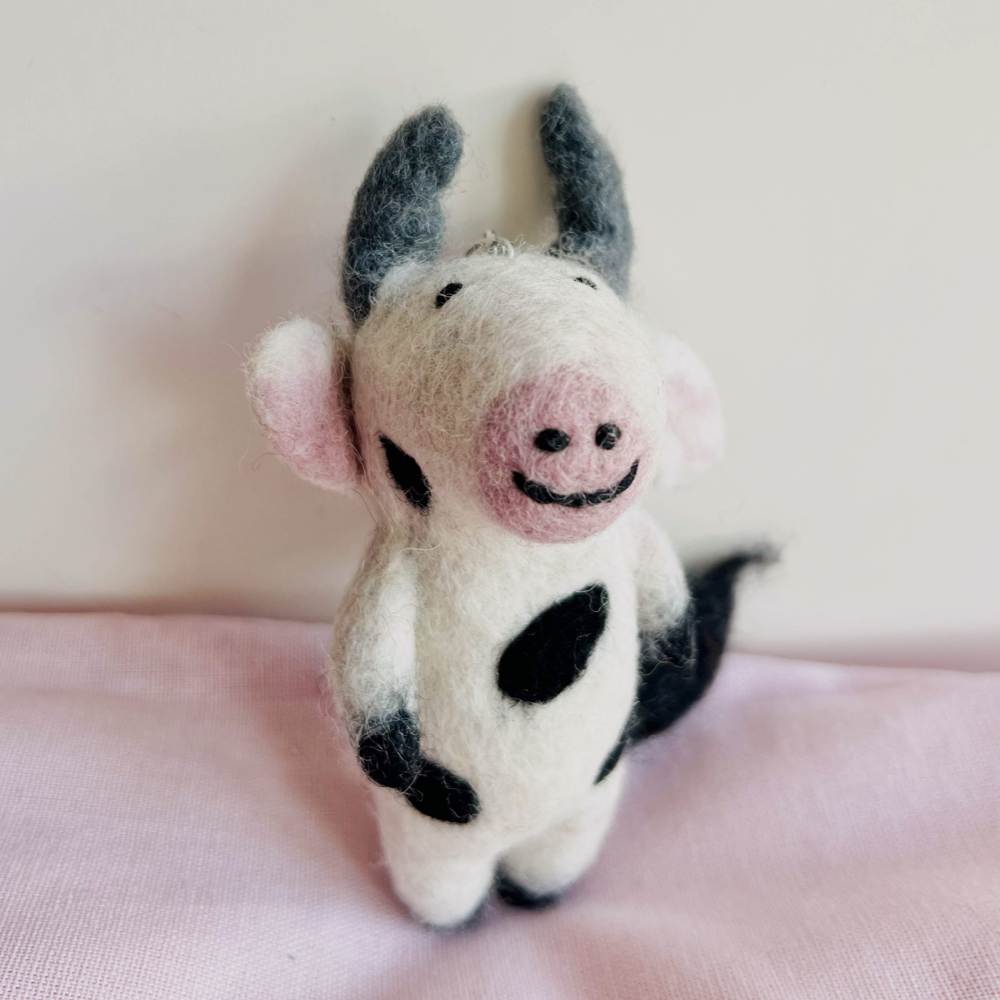 Wool Needle Felting - Handmade Joyful Cow Charm, Christmas Ornament