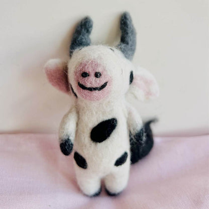 Wool Needle Felting - Handmade Joyful Cow Charm, Christmas Ornament