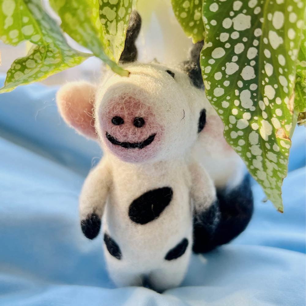 Wool Needle Felting - Handmade Joyful Cow Charm, Christmas Ornament