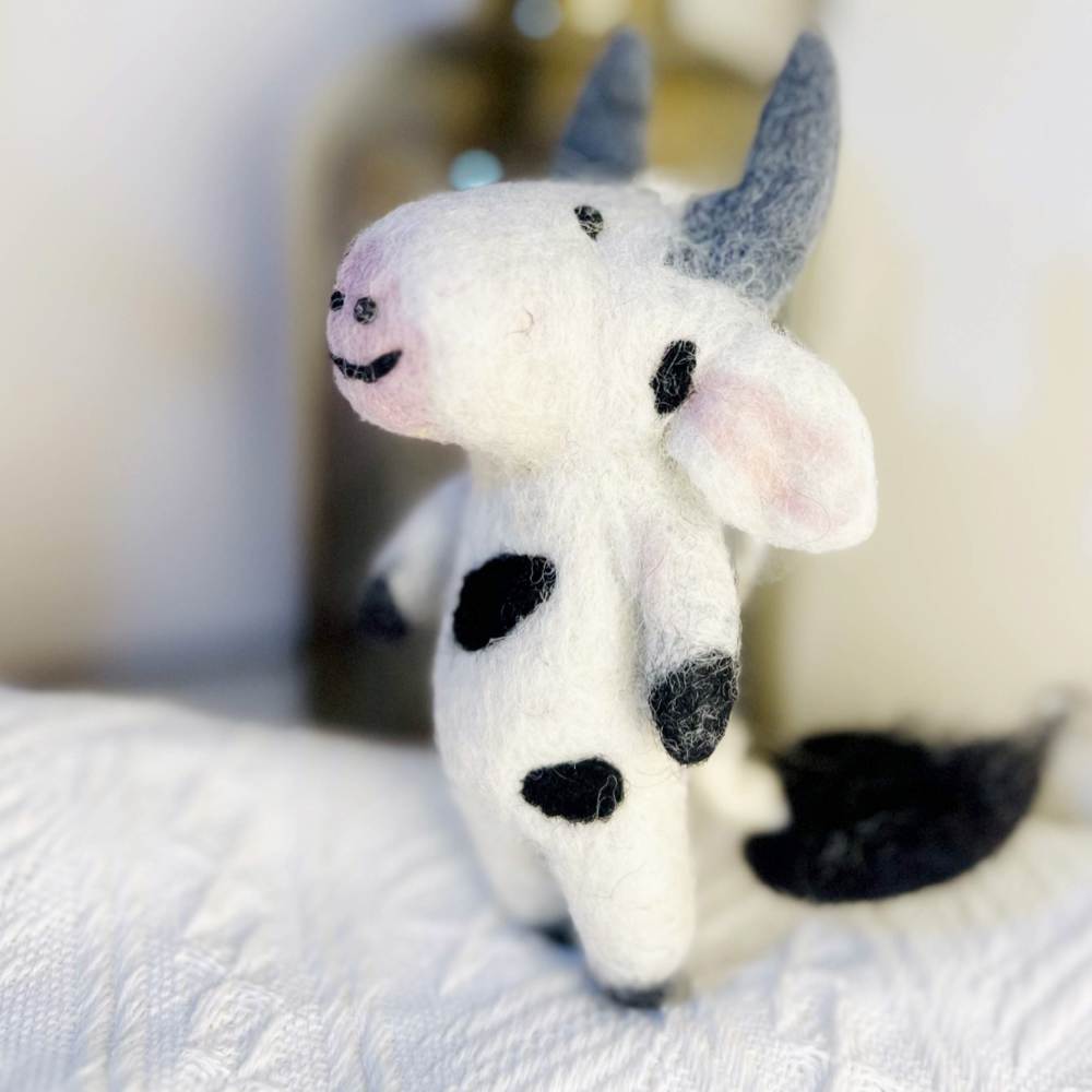 Wool Needle Felting - Handmade Joyful Cow Charm, Christmas Ornament