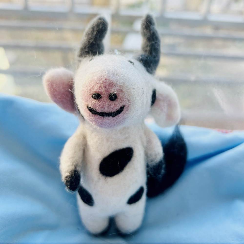 Wool Needle Felting - Handmade Joyful Cow Charm, Christmas Ornament