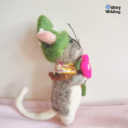 Wool Needle Felting - Field Mouse with Flowers Charm, Christmas Gift