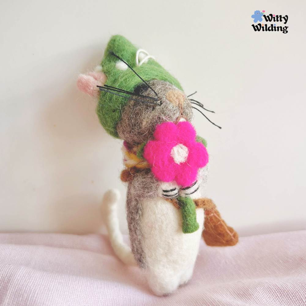 Wool Needle Felting - Field Mouse with Flowers Charm, Christmas Gift