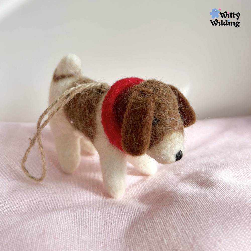 Wool Needle Felting - Red-Scarfed Puppy Bag Charm, Christmas Ornament