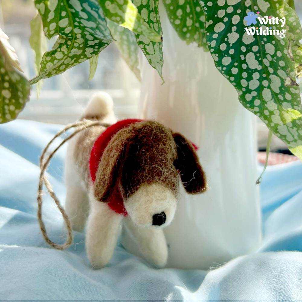 Wool Needle Felting - Red-Scarfed Puppy Bag Charm, Christmas Ornament