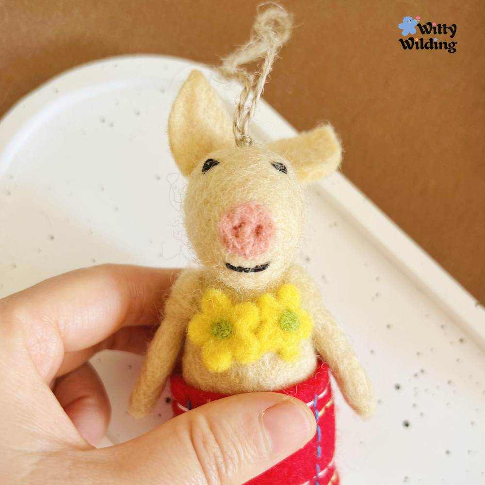 Wool Needle Felting - Handmade Sauna Piggy Bag Charm, Animal Ornament