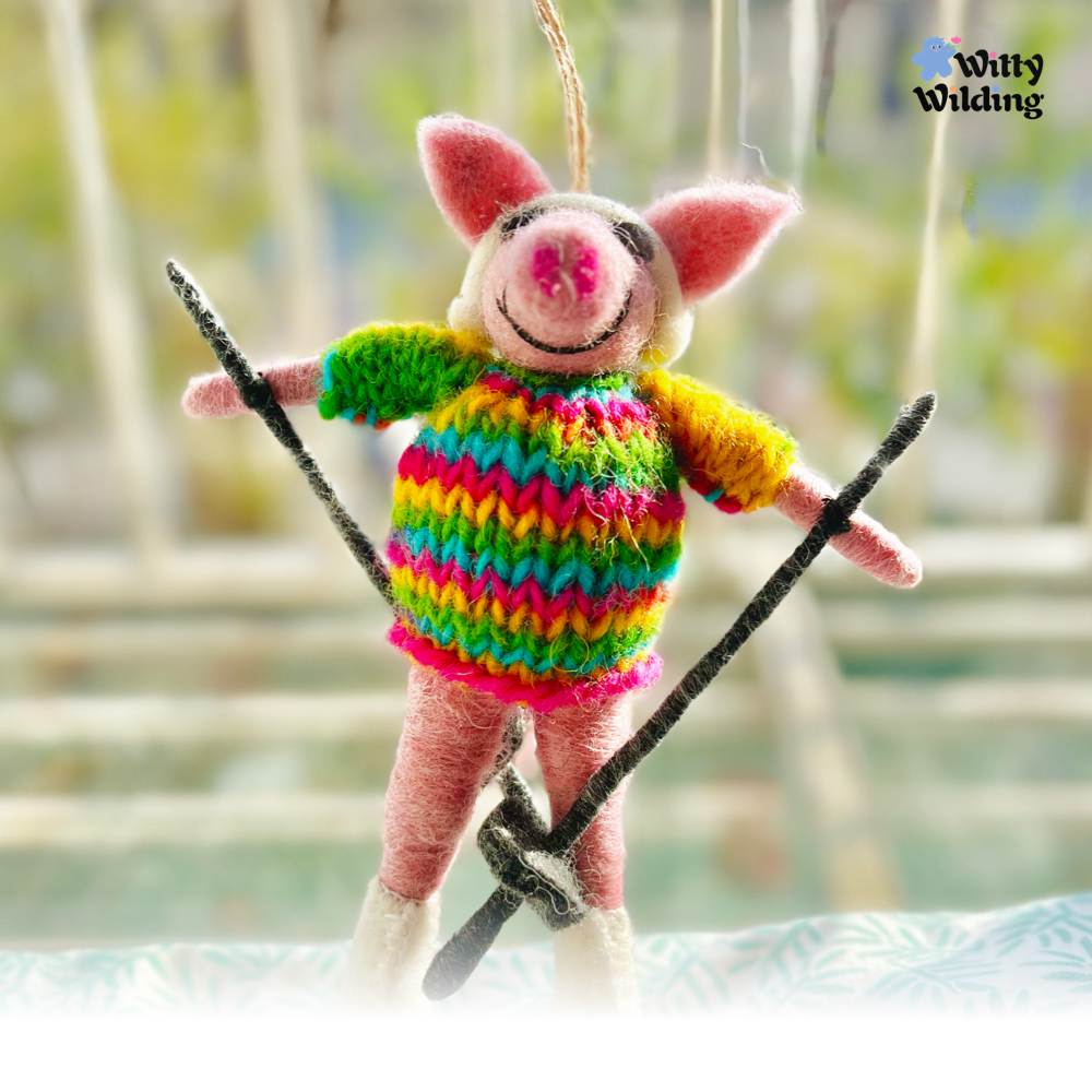 Wool Needle Felting - Skiing Little Pig Bag Charm, Christmas Ornament