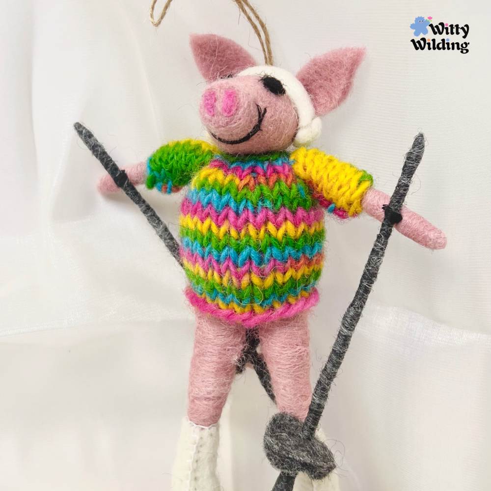 Wool Needle Felting - Skiing Little Pig Bag Charm, Christmas Ornament