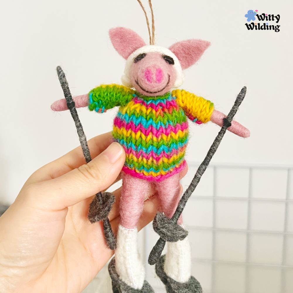 Wool Needle Felting - Skiing Little Pig Bag Charm, Christmas Ornament