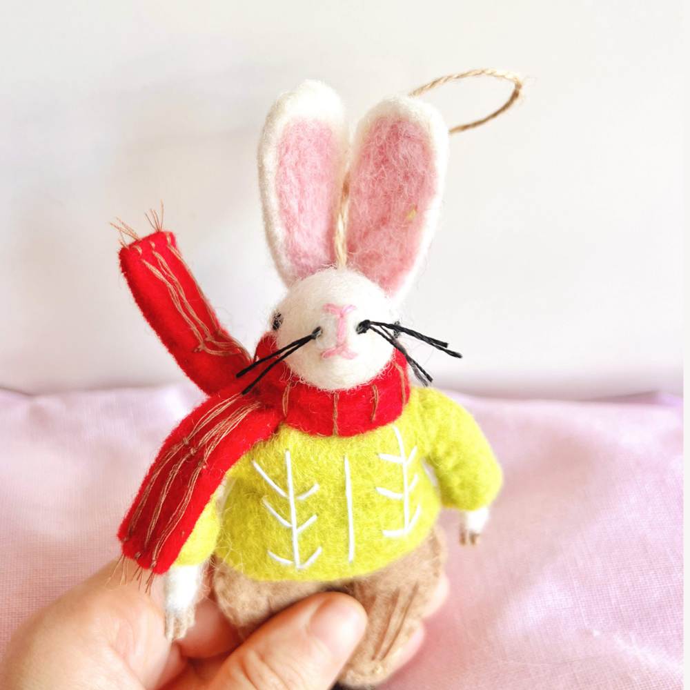 Wool Needle Felting - Winter Bunny Bag Charm, Handmade Christmas Gift