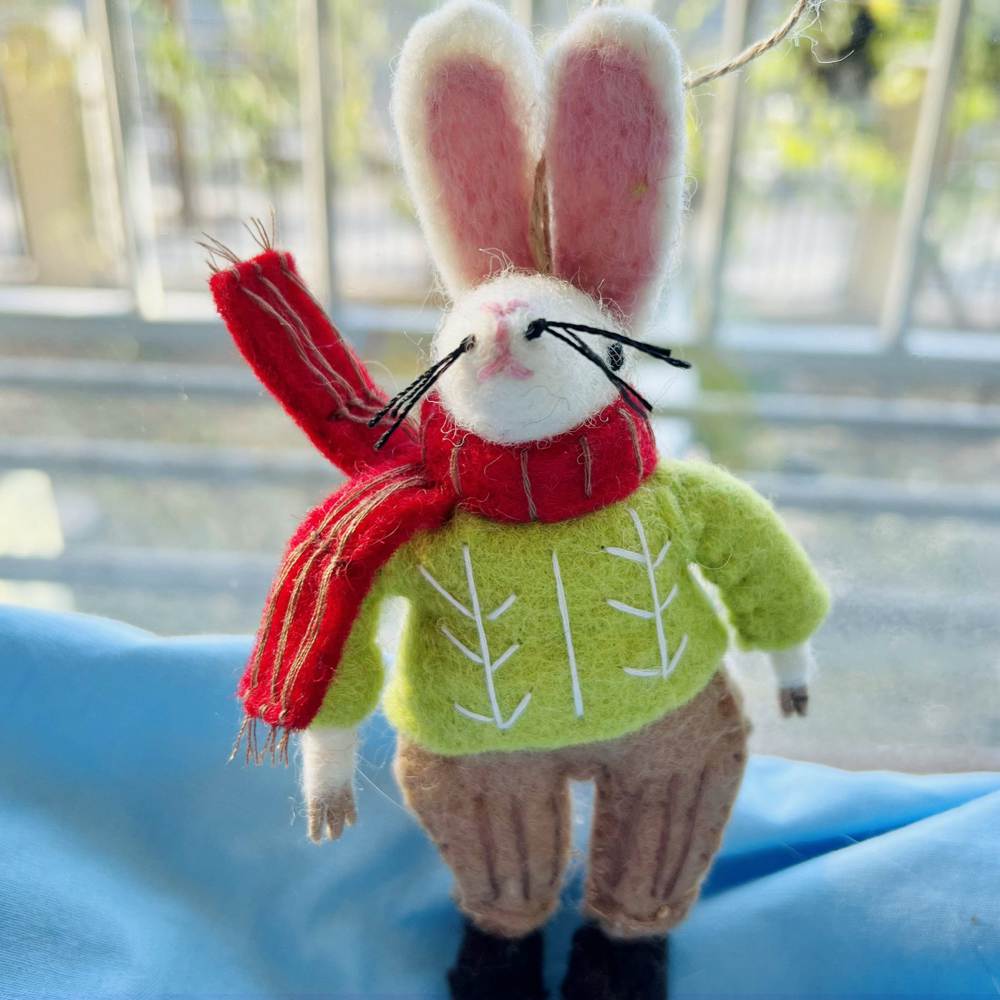 Wool Needle Felting - Winter Bunny Bag Charm, Handmade Christmas Gift