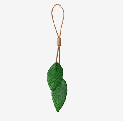 Leather Bag Charm - Green Leaves Pendant, Summer Green Leaf Keychain