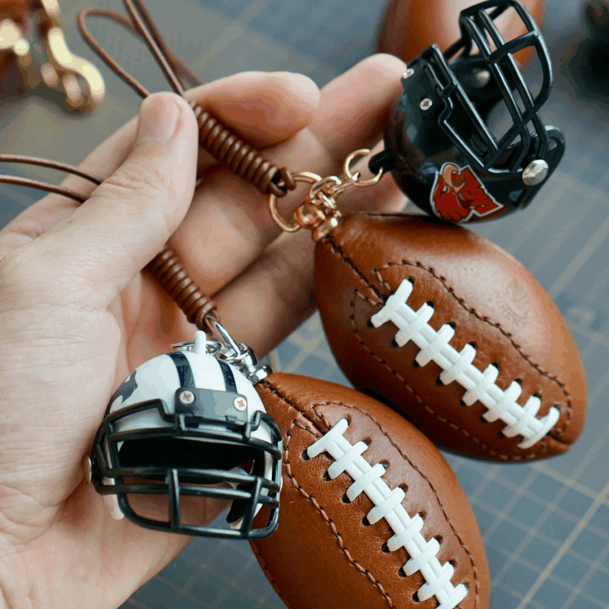 Leather Bag Charm - American Football Keychain, Gridiron Helmet