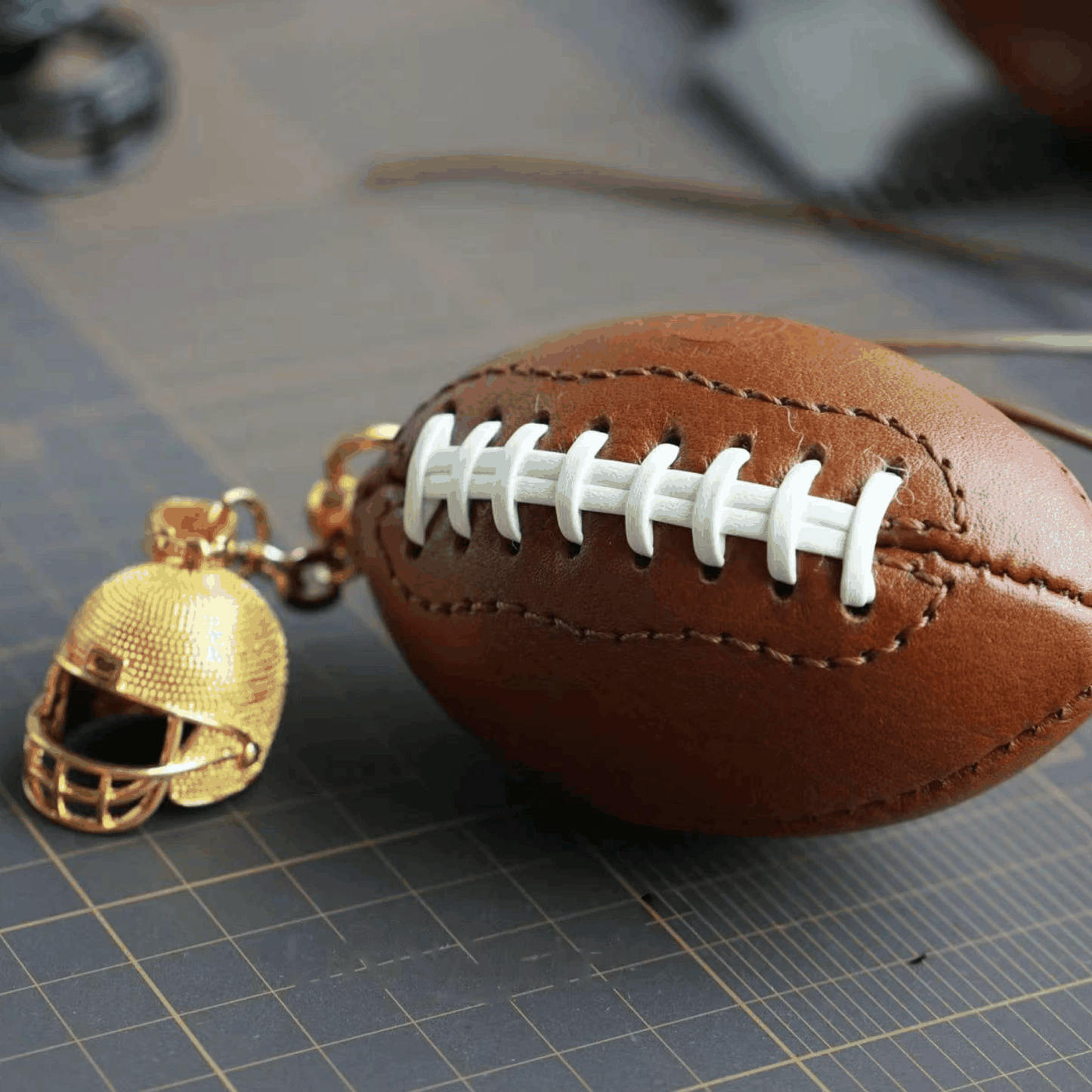 Leather Bag Charm - American Football Keychain, Gridiron Helmet