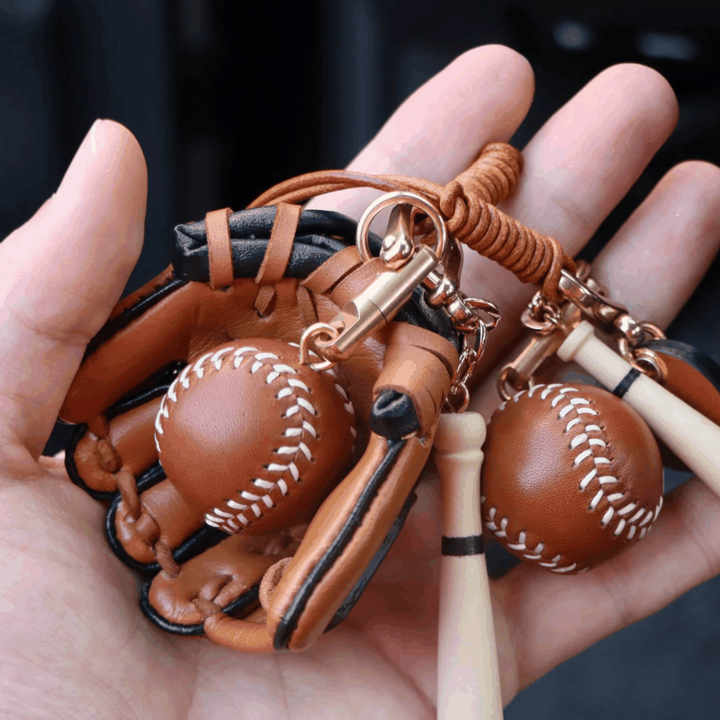 Leather Bag Charm - Baseball Set Keychain with Glove, Ball, and Bat