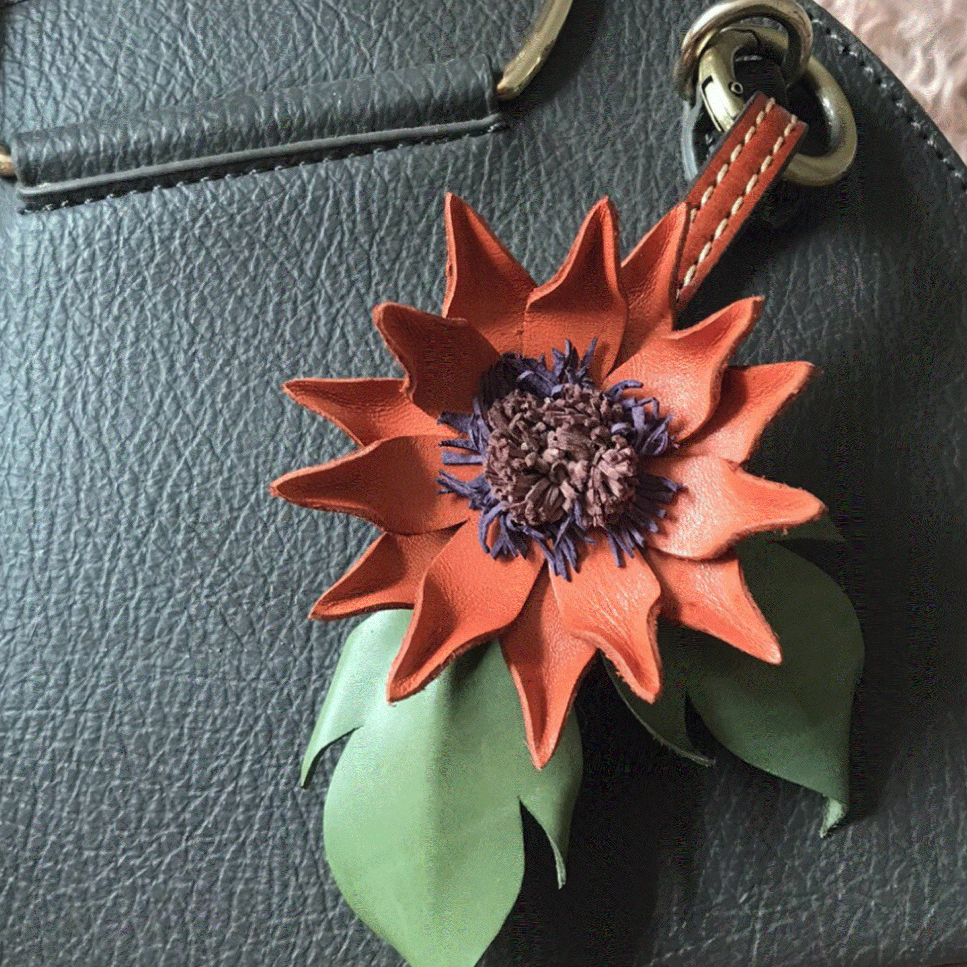 Leather Bag Charm - Flower Charm, Flower Keychain - Sunburst flower