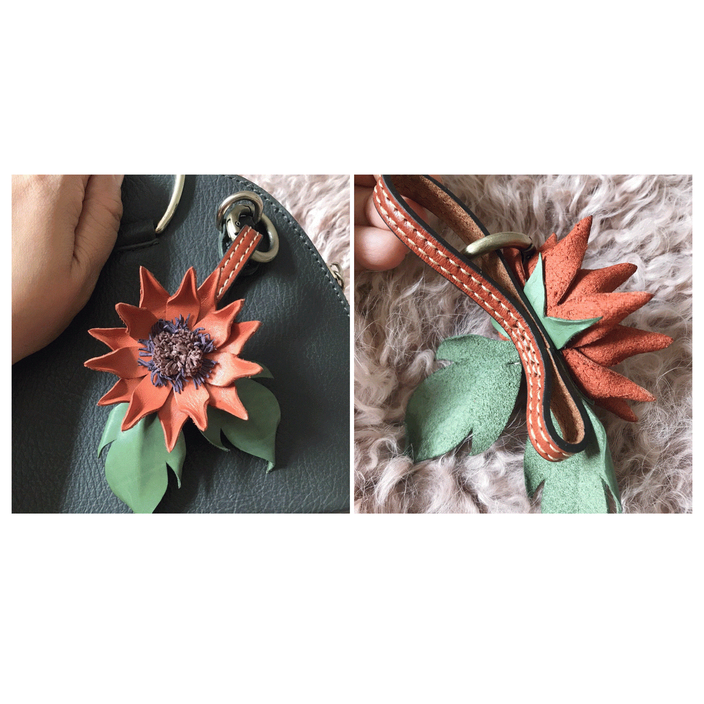 Leather Bag Charm - Flower Charm, Flower Keychain - Sunburst flower