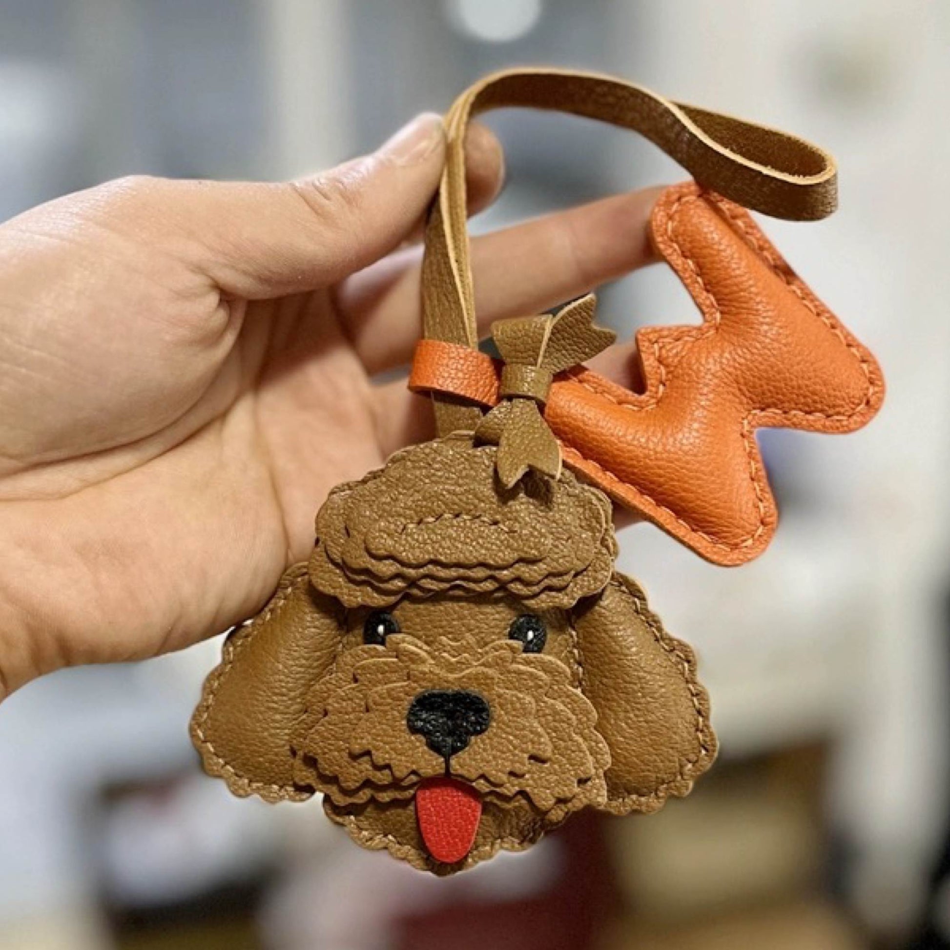 Leather Bag Charm - Customized Initial Bag Charm, Poodle Teddy Pendant