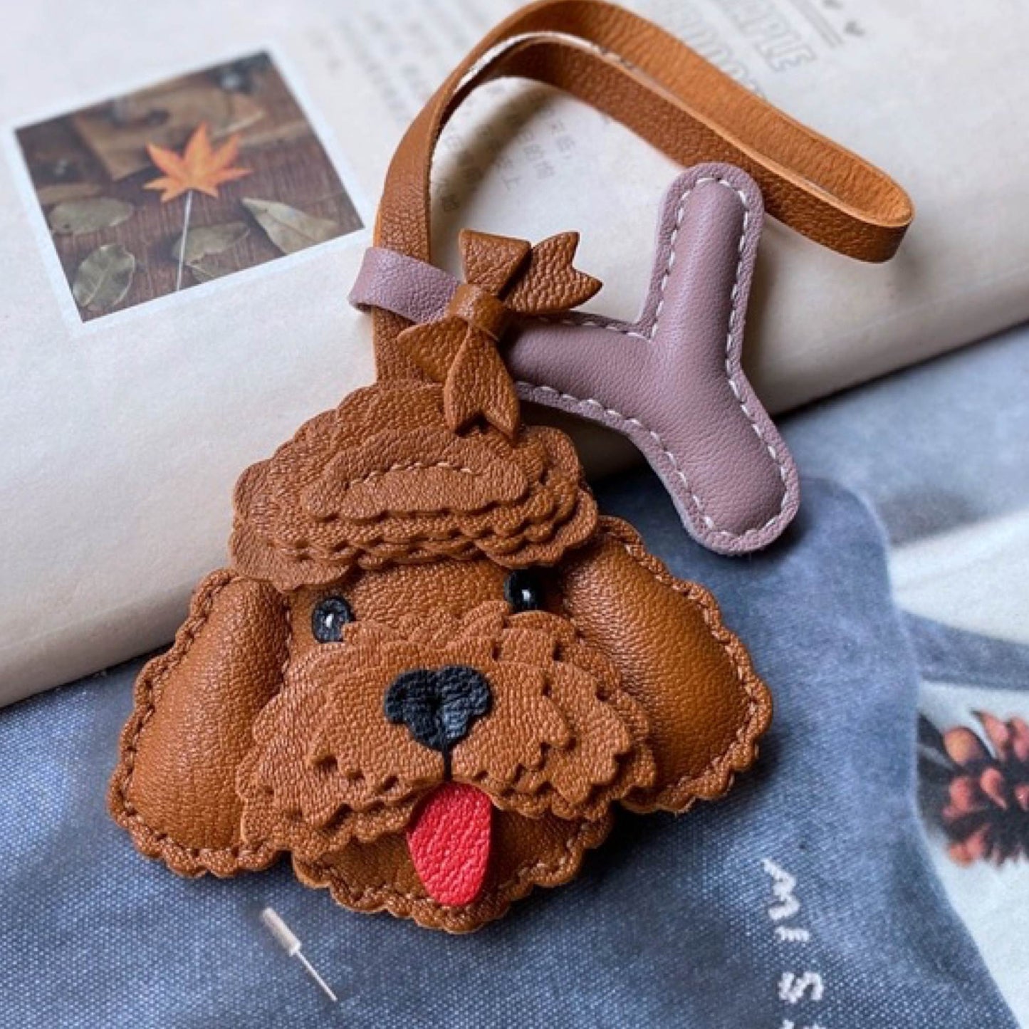 Leather Bag Charm - Customized Initial Bag Charm, Poodle Teddy Pendant